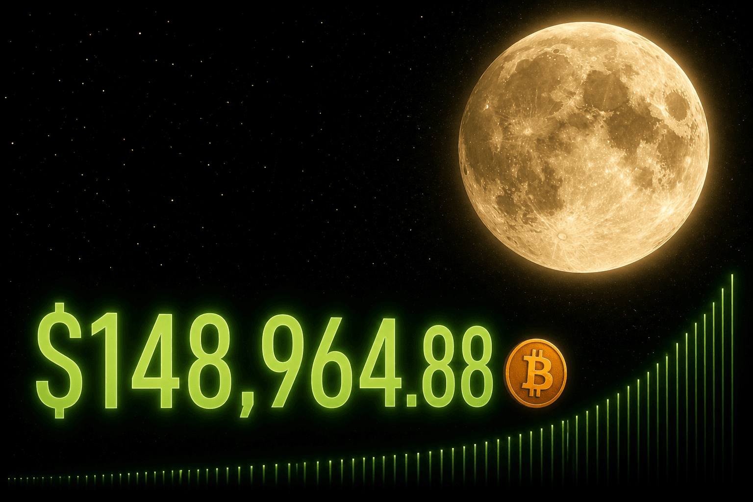 A glowing moon over a neon-green $148,964.88 print and a rising sparkline.