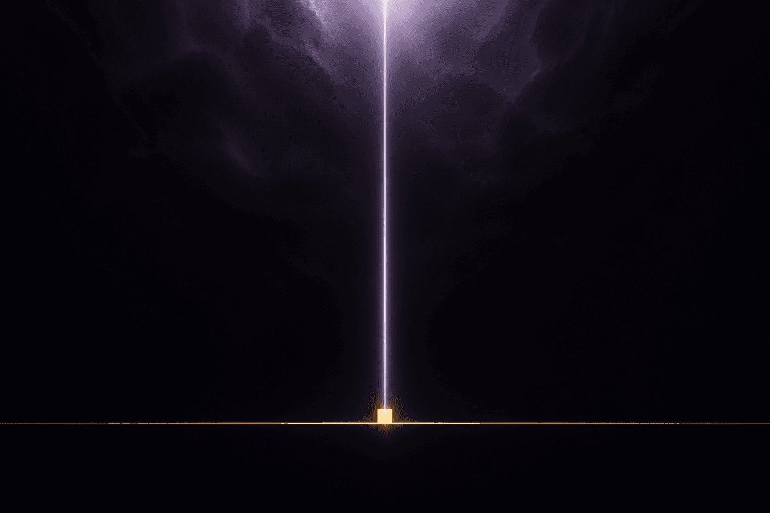 A thin gold floor with a tall beam of light rising from a small chip.