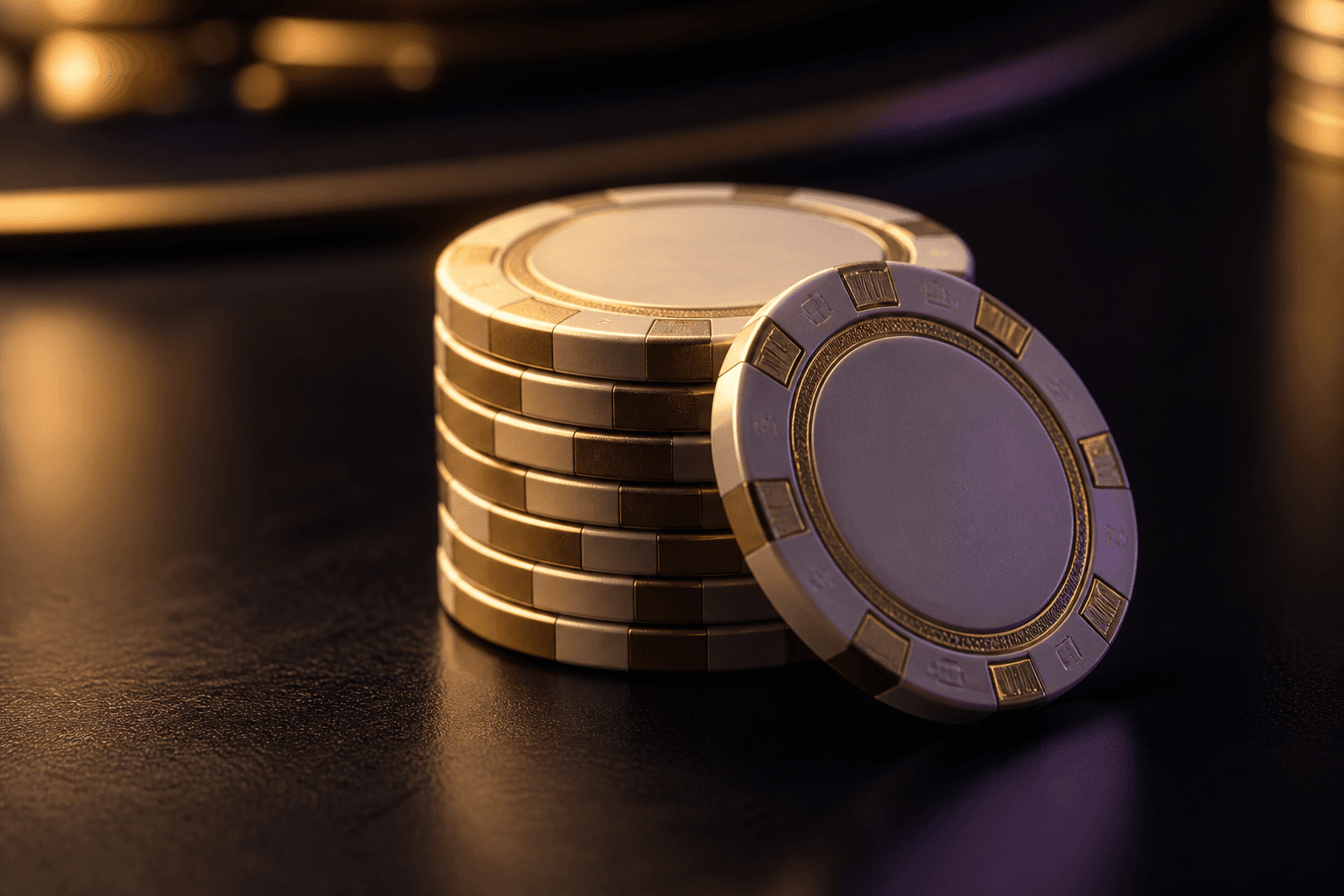 A stack of cream and gold play chips on a dark table.