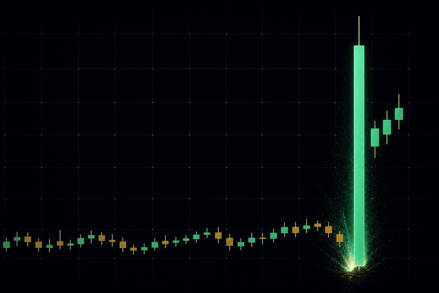 A dark candlestick chart with a sharp green spike.